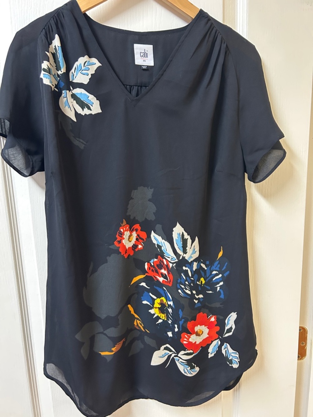 CAbi Black V-Neck Floral Print Blouse